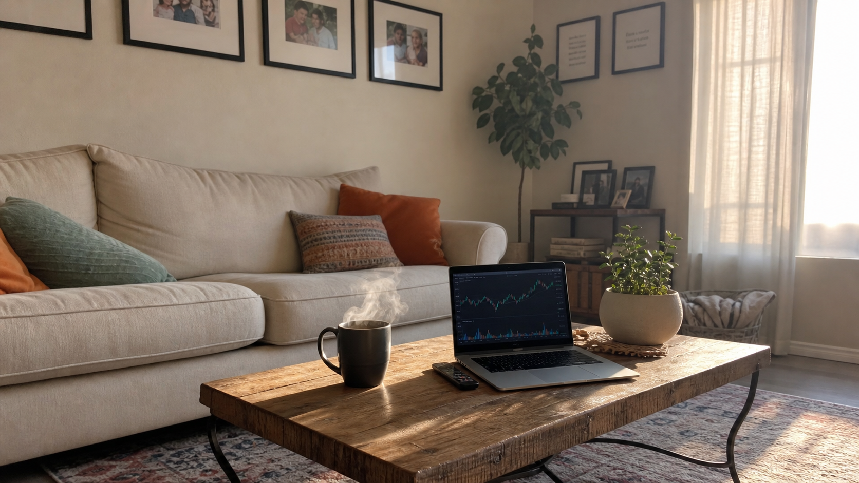 Average living room with sunset lighting.