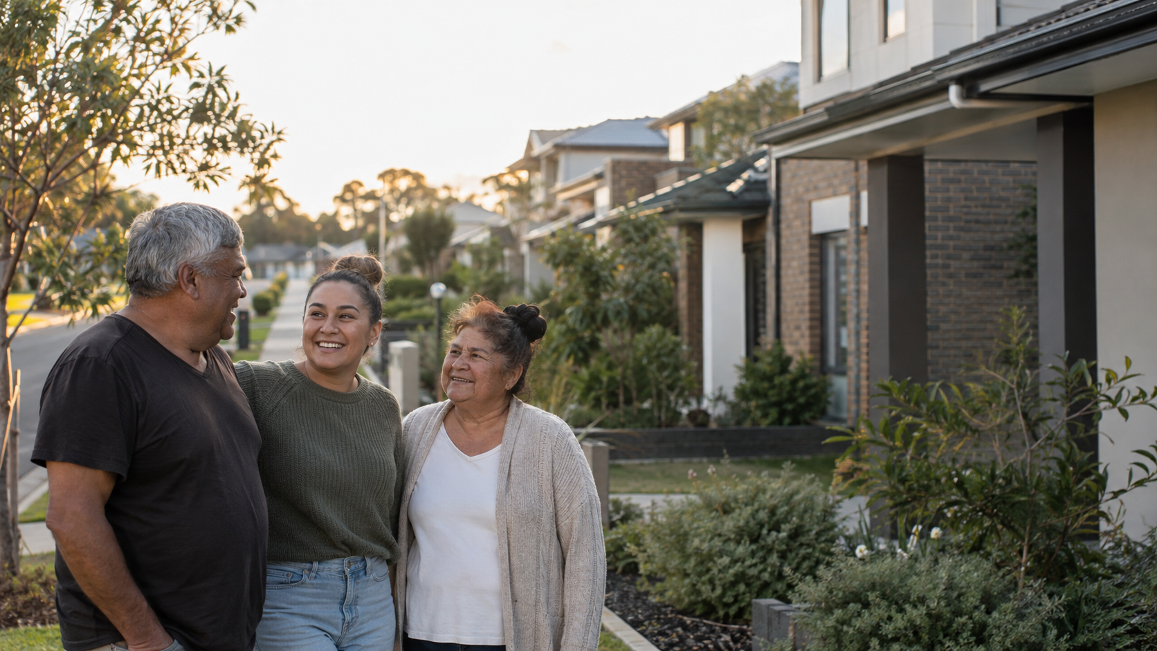Daughter with parents outside home